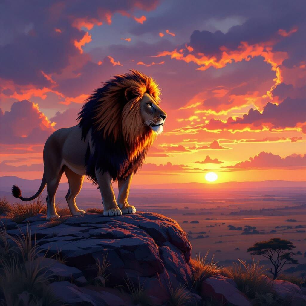 Fiery Lion Overlooking Sunset Savanna in Hyperrealistic Styl...
