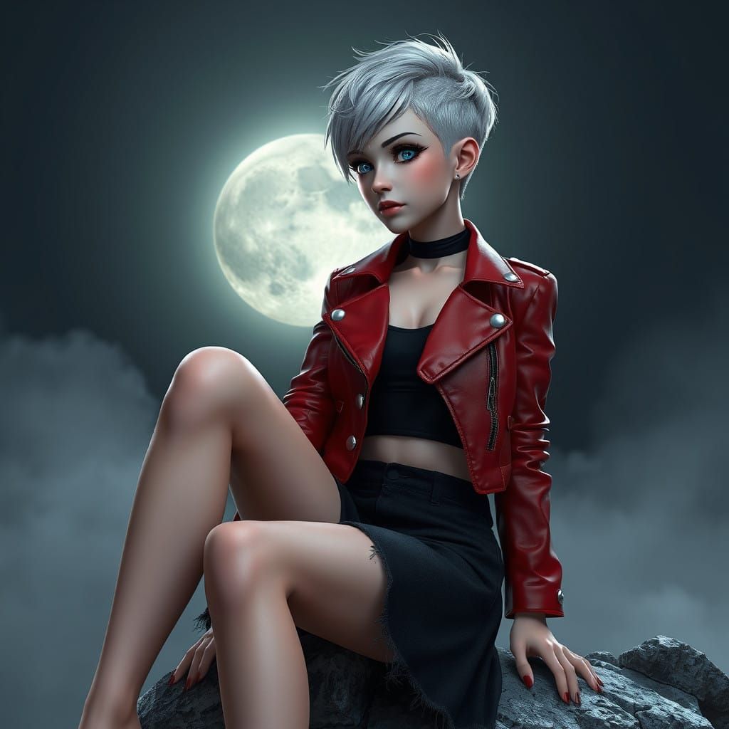 Ethereal Vampire Goddess in Red Leather Jacket