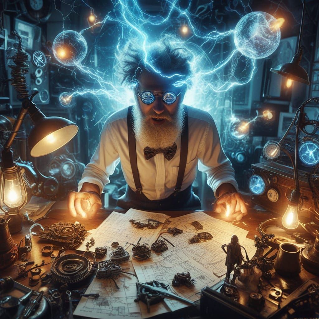 Mad scientist about to create a genius invention
