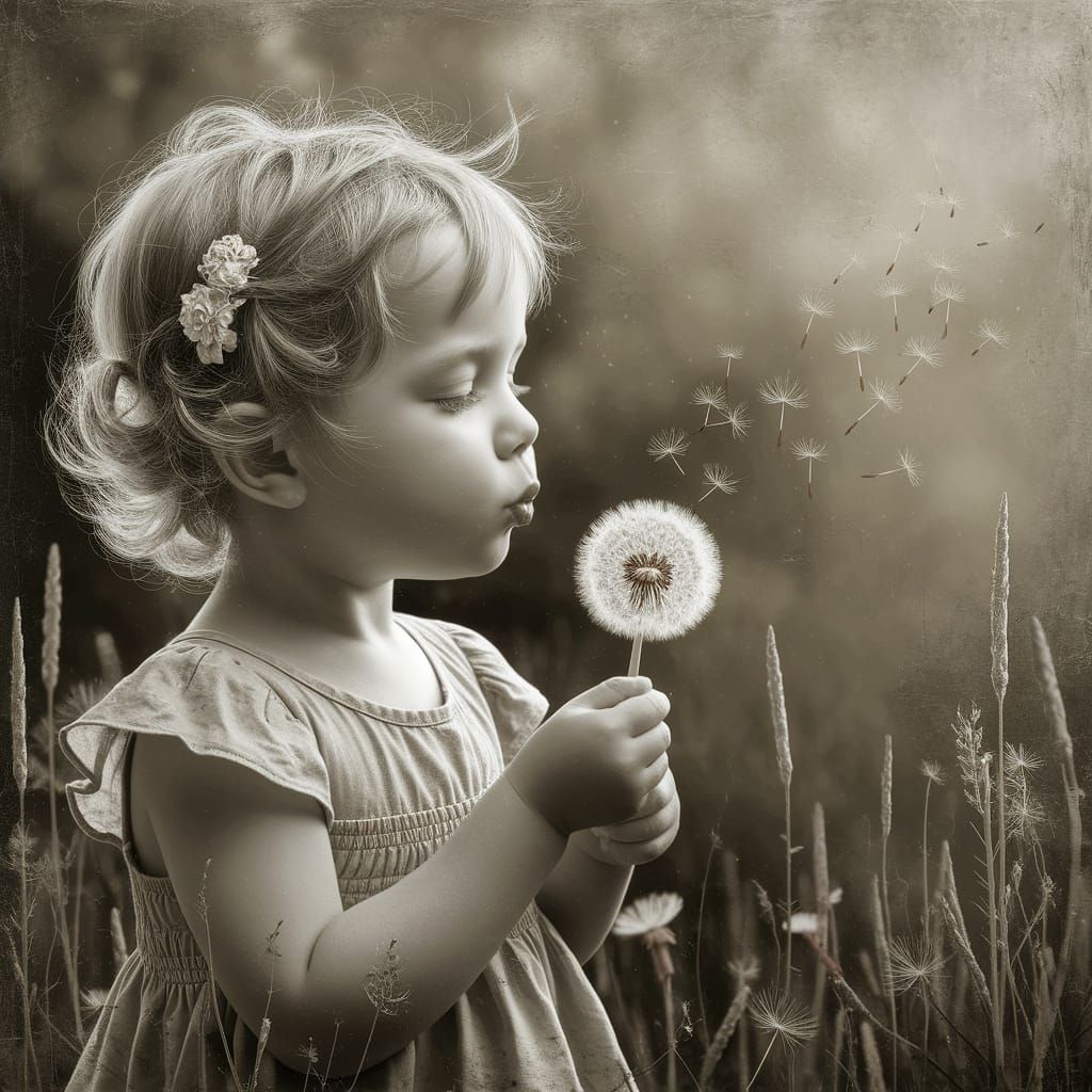 Child Blowing Dandelion Seeds in Sepia Tone