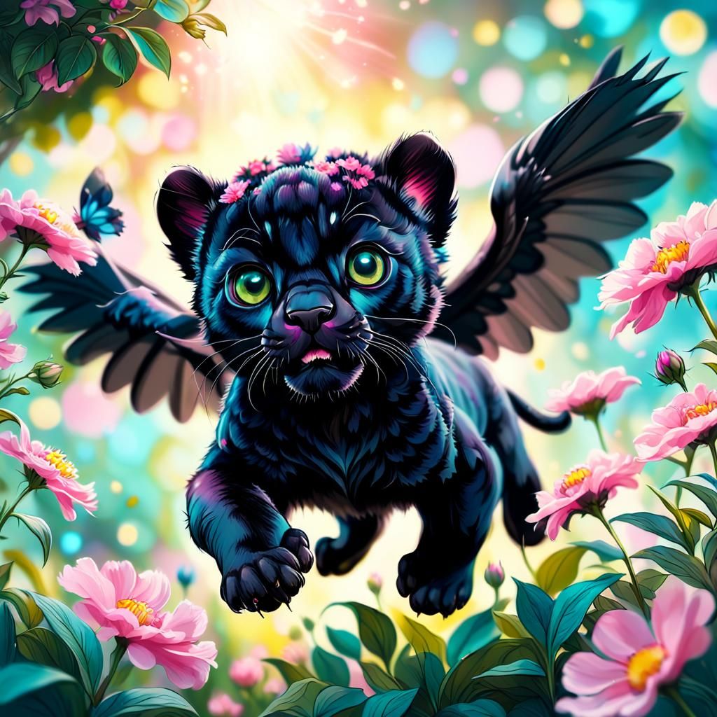 Winged Black Panther Soaring Over Pink Flowers