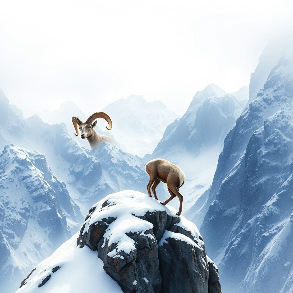 Bighorn Sheep on Snowy Mountain Crag