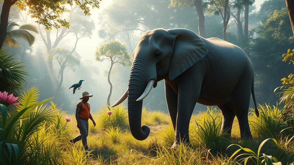 Gentle Farmer Leads Majestic Elephant into Serene Forest Oas...