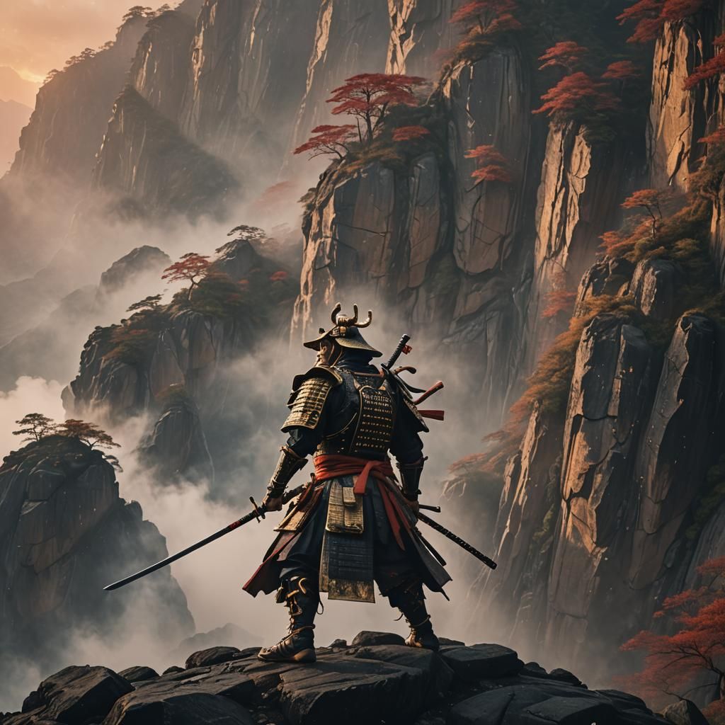 Samurai Warrior on Cliff Ready for Battle