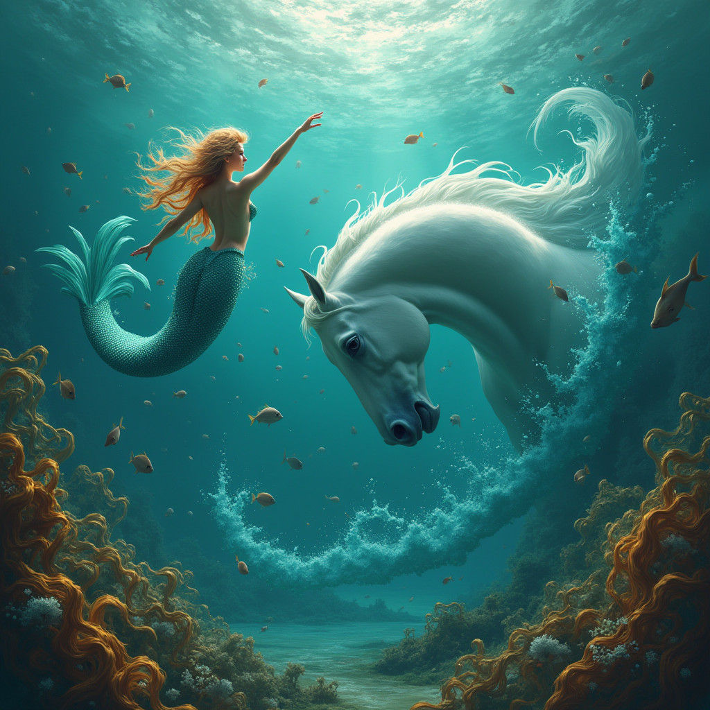 Mermaid and Horse Create Ocean Whirlpool