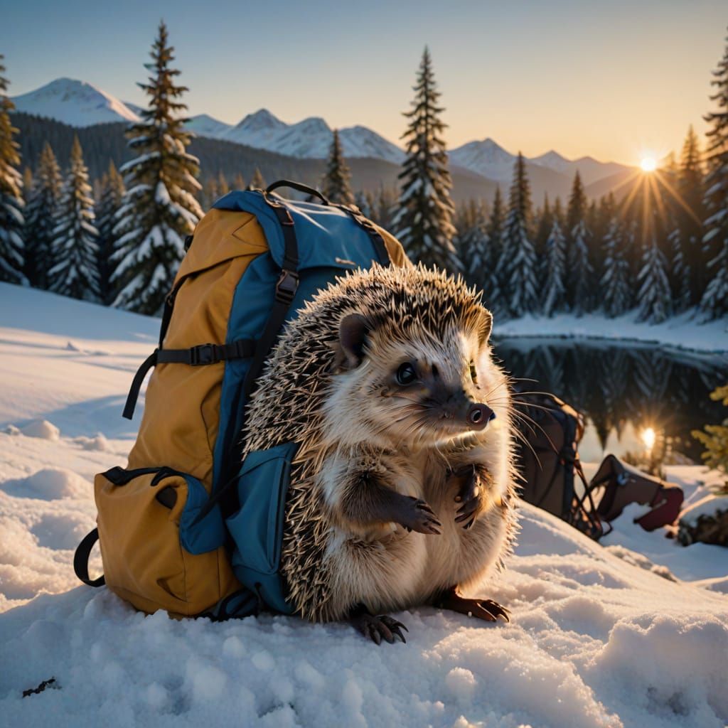 Surreal Winter Alpine Landscape with Hedgehog in Golden Suns...