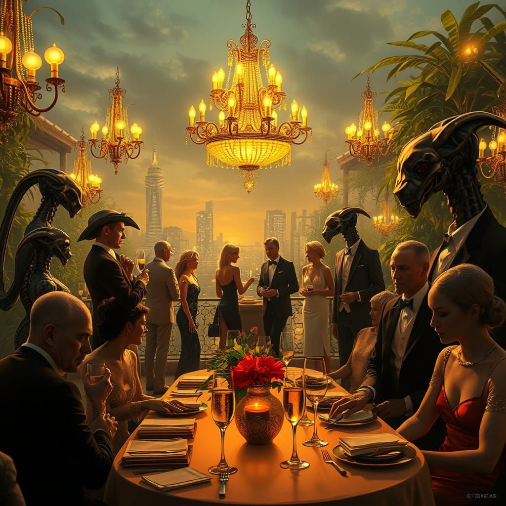 Elegant Elites Mingle with Biodigital Creatures in Futuristi...