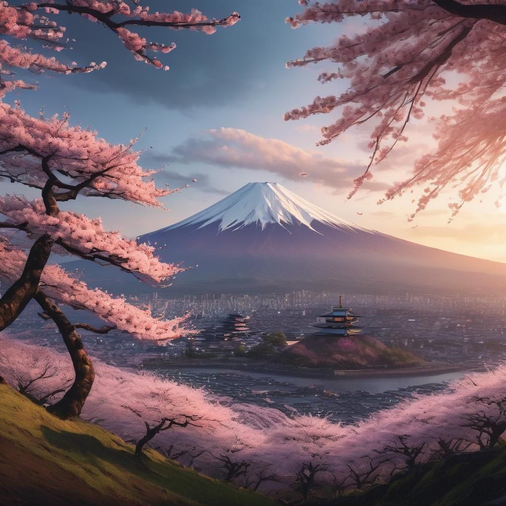 Cherry Blossoms Cover Mount Fuji: Digital Matte Painting
