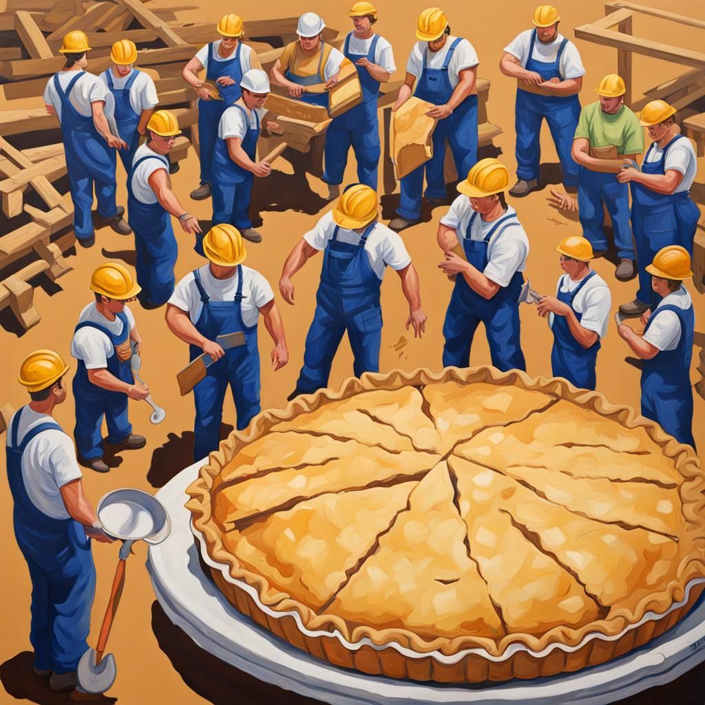 Enormous Apple Pie Surrounded by Workers, Gouache
