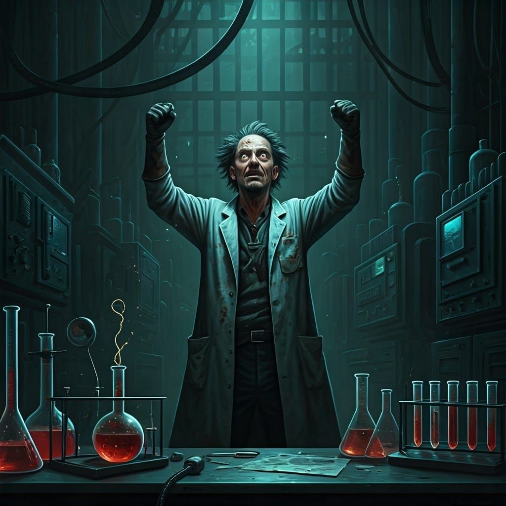 Mad Scientist's Biomechanical Discovery in a Sci-Fi Lab