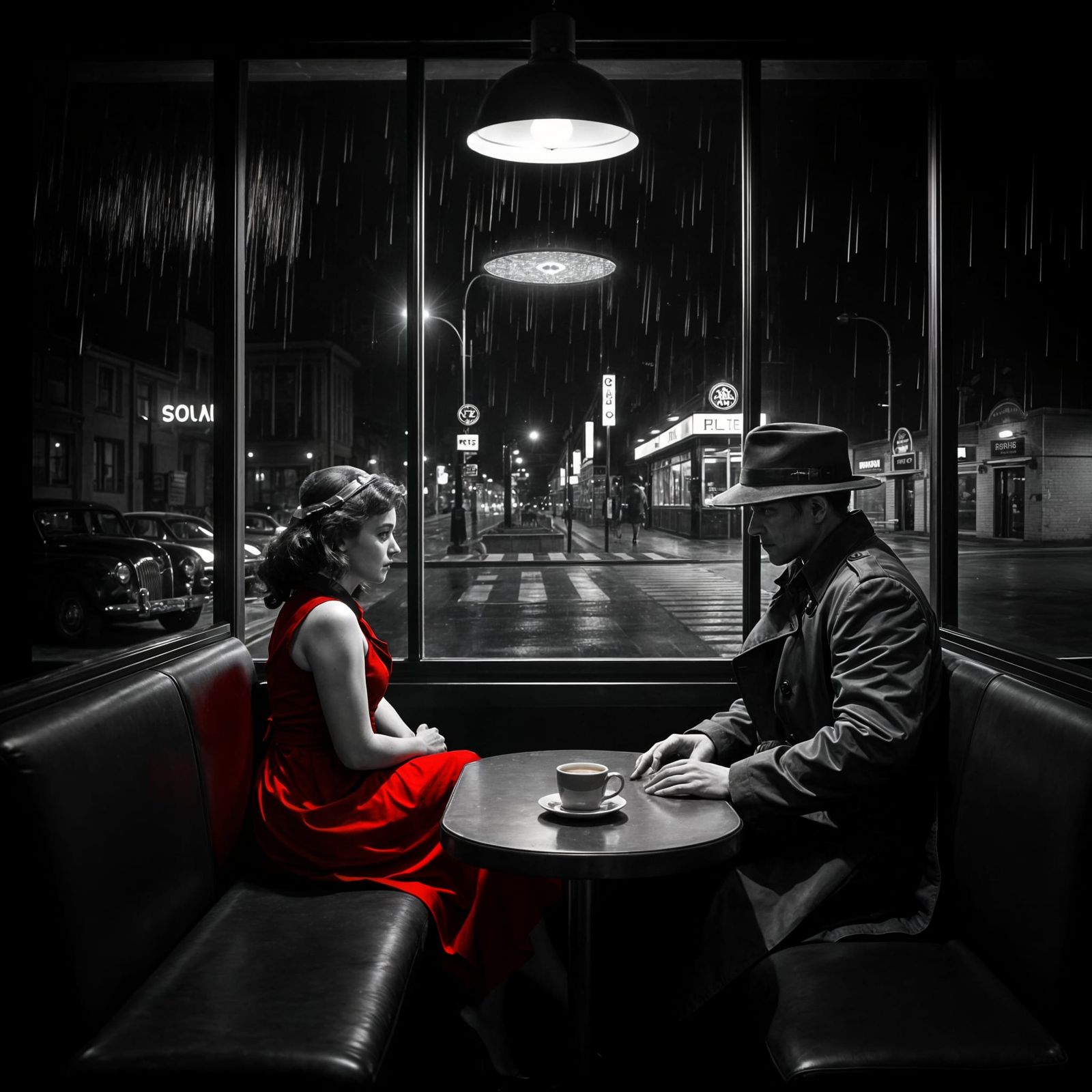 Noir Diner: Woman in Red Dress, Monochrome