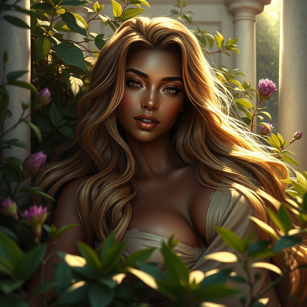 Golden-Haired Woman in Lush Garden, Dark Fantasy Art