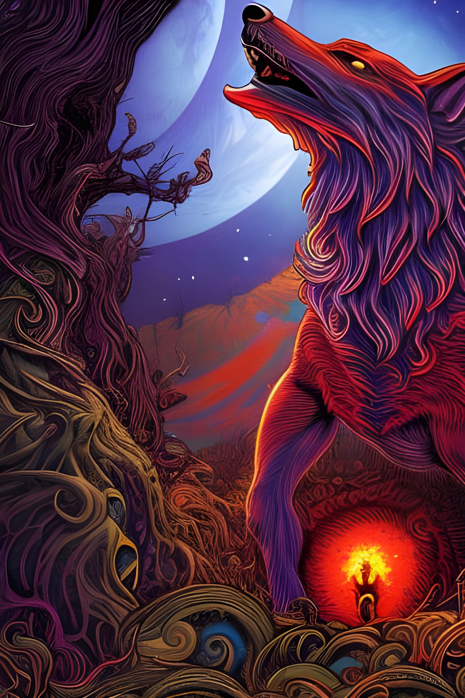 Howling Wolf Rooted Under The Moon