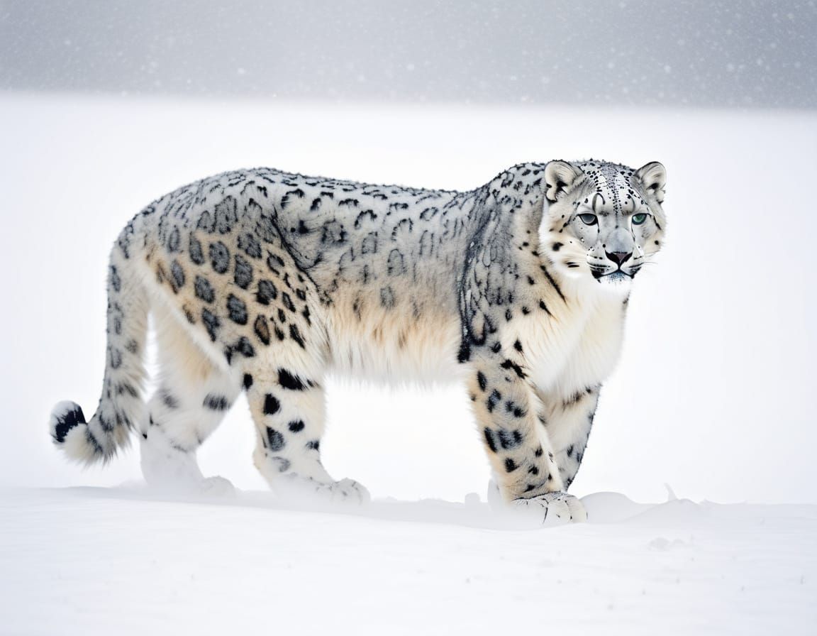 Snow Leopard in Blizzard: Minimalist White-on-White