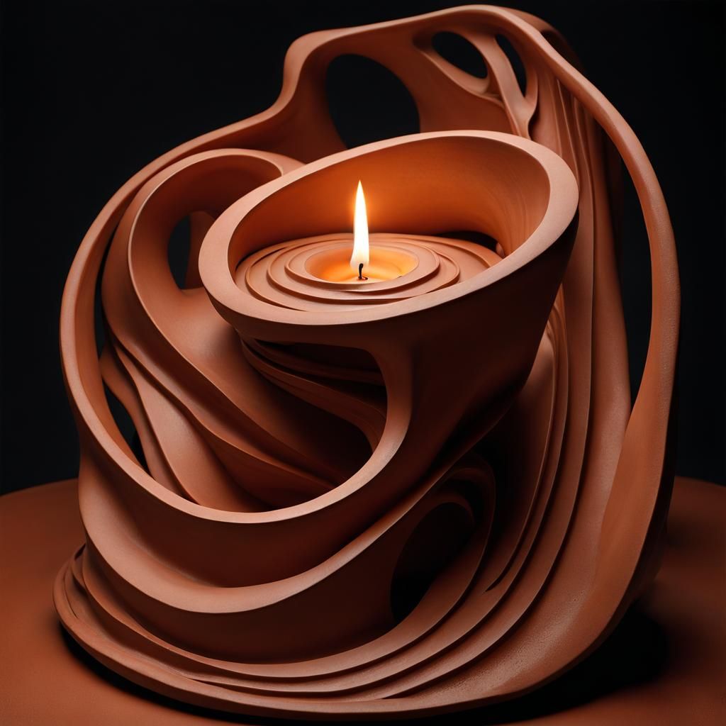 Ornate Clay Pottery with Candle, Hyperrealistic Style