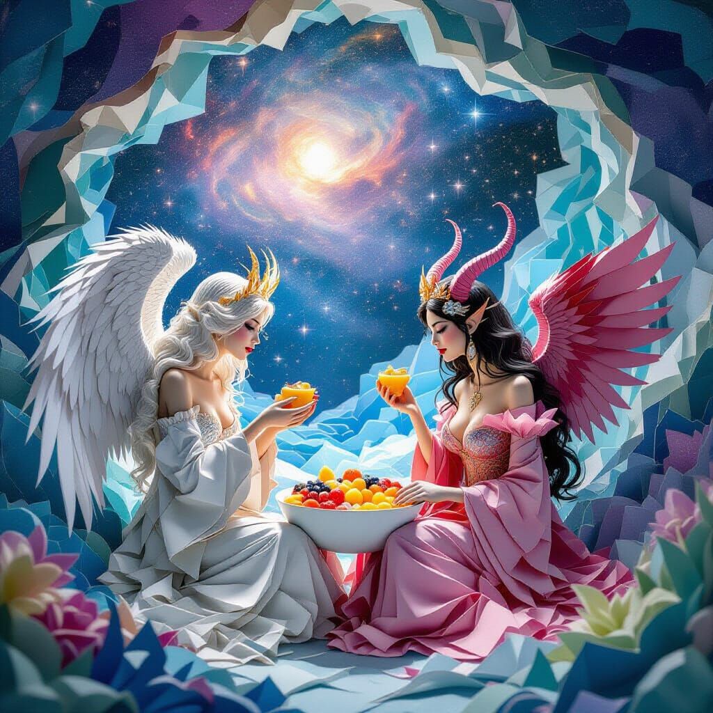 Surreal Paper Art: Angel-Demon Queen in Astral Garden