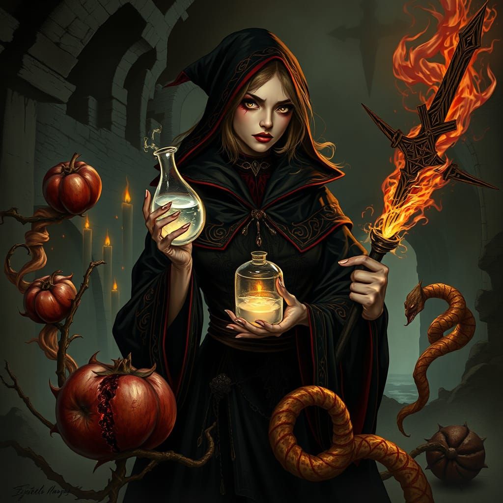 Dark Fantasy Sorceress Amidst Ruined Castle and Twisted Frui...