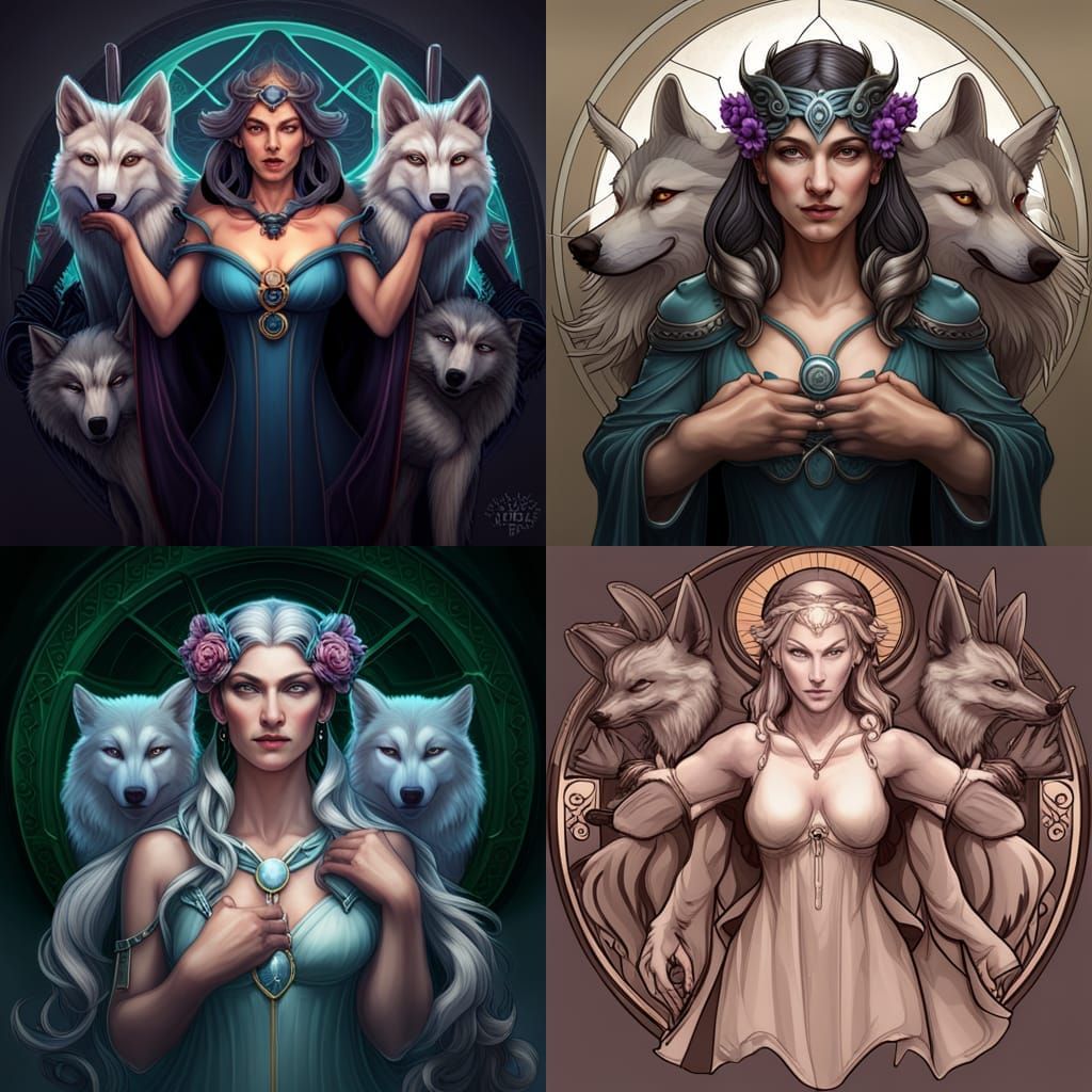 Mystical Hecate Portrait with Wolves