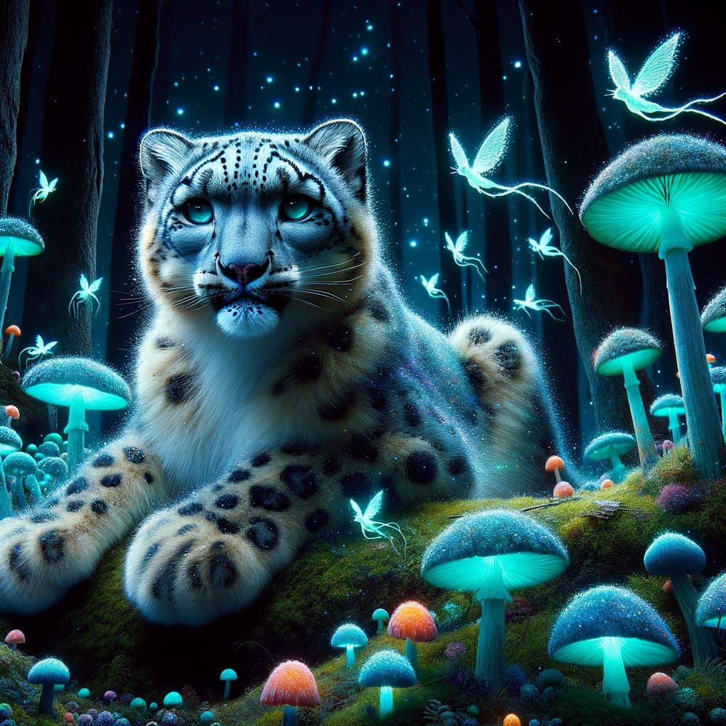 Bioluminescent Snow Leopard Cub in Enchanted Forest