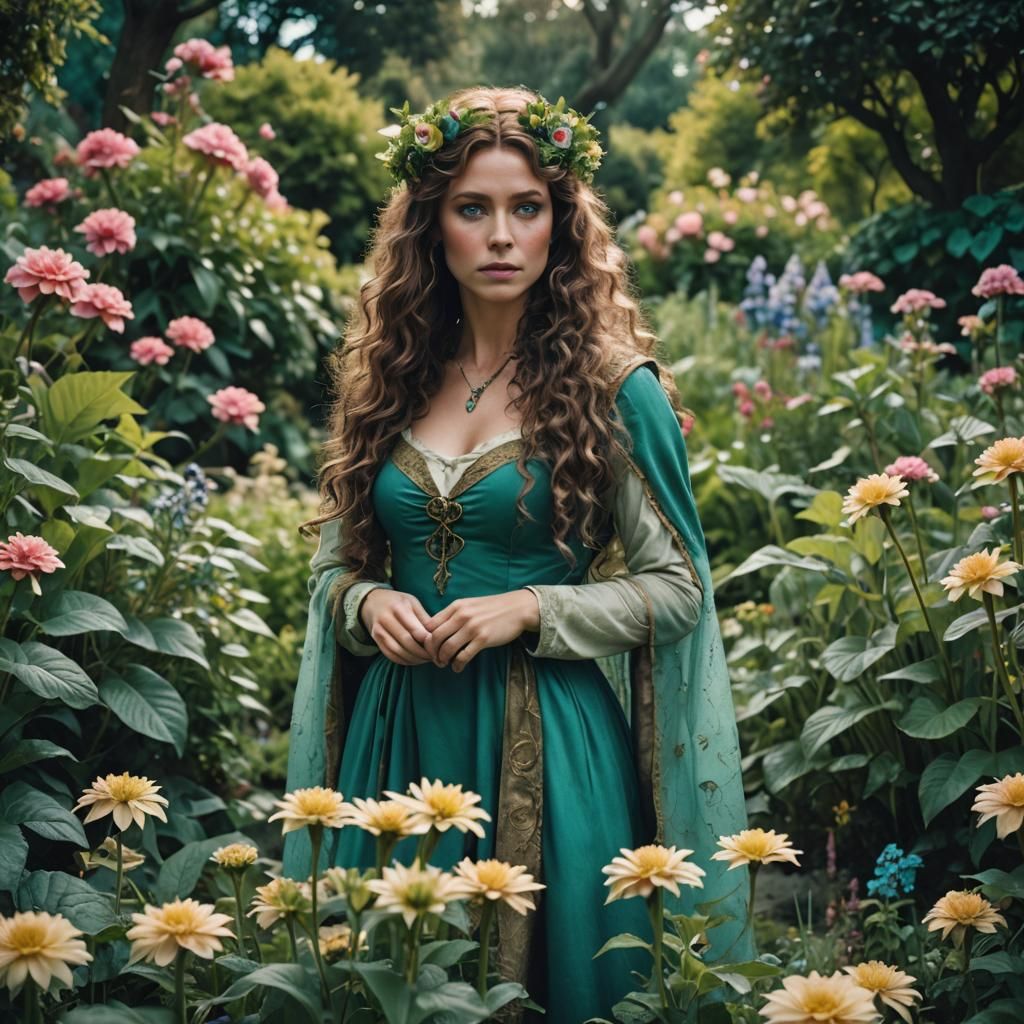Elven Woman in Flower Garden, Cinematic Film Still