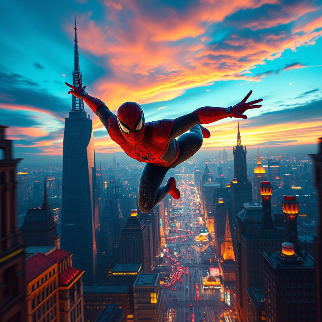 Spiderman Soaring Through a Futuristic Metropolis
