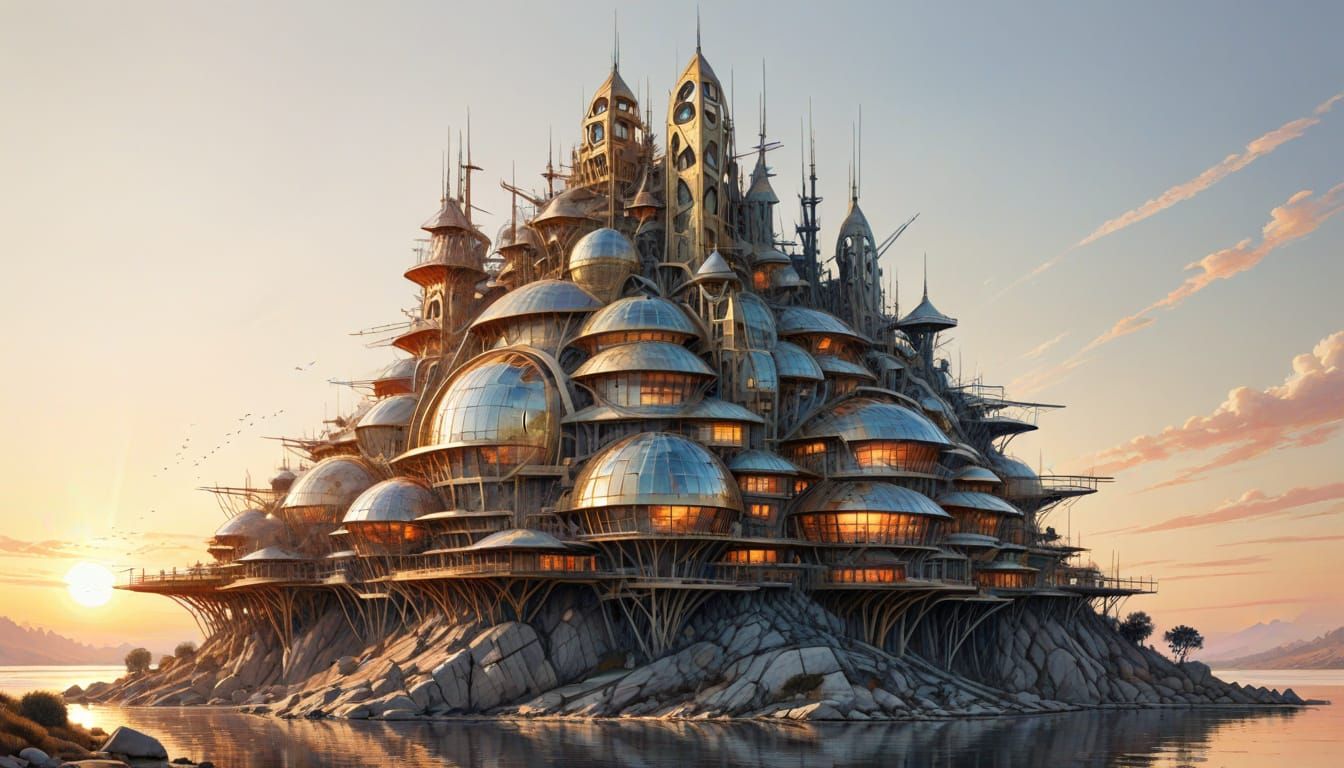 Surreal Megastructure in Vibrant Golden Light