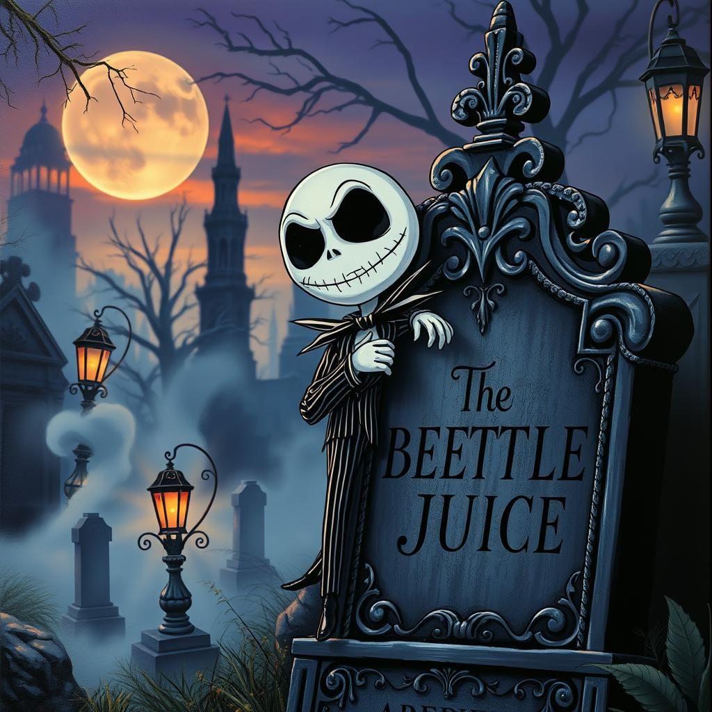 Beetlejuice Leaning on Headstone in Baroque Cemetery
