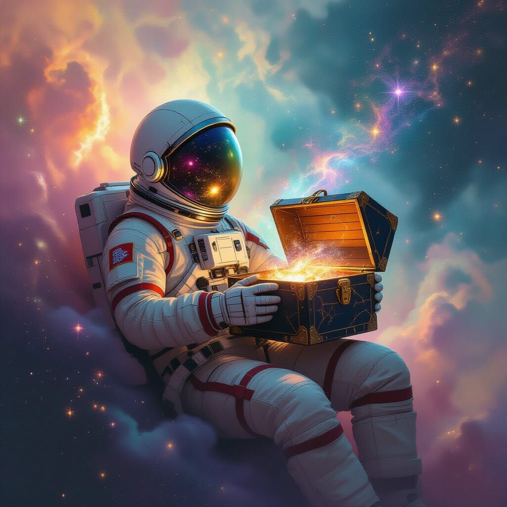 Astronaut and Cosmic Treasure Chest in Nebula