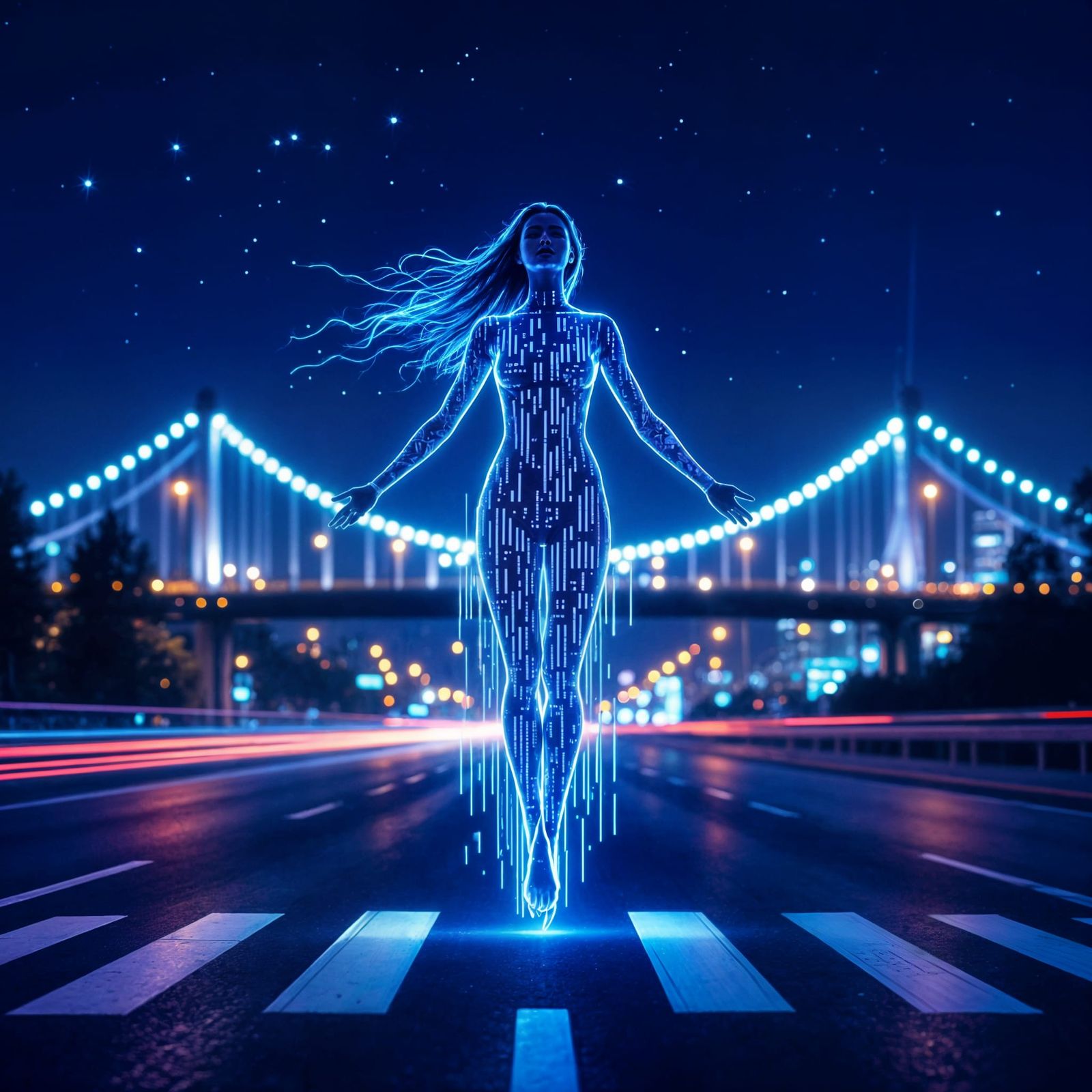 Woman Made of Code Floats in Mystical Night Scene