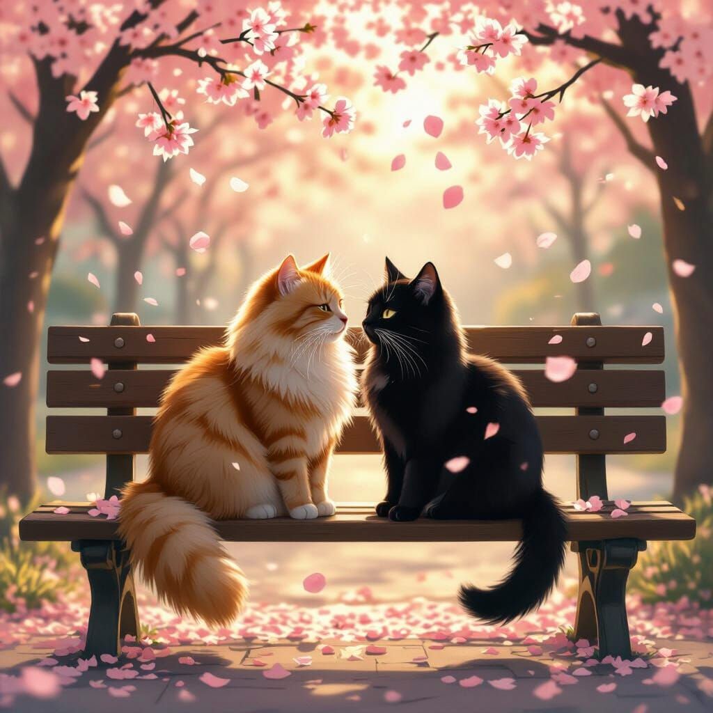 Cat Couple Embracing Love Under Cherry Blossoms