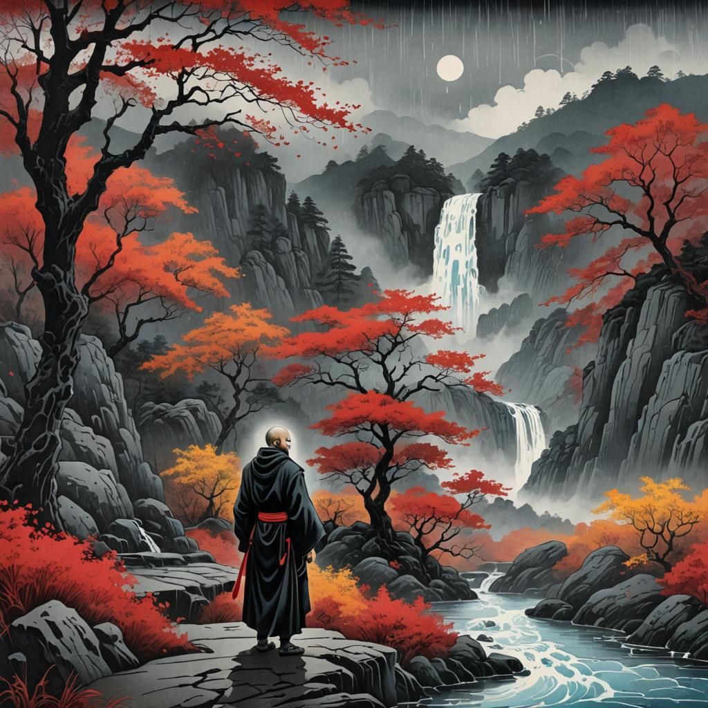 Monk by Waterfall in Japanese Woodblock Print Style