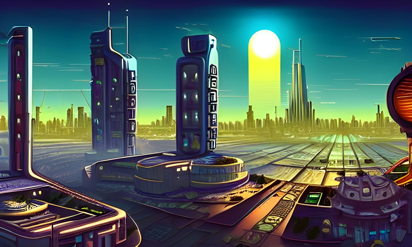 Futuristic Cityscape in Steampunk and Solar Styles