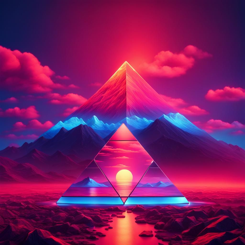 Glass Pyramid over Synthwave Landscape in 8k