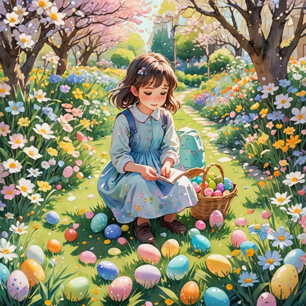 Anime Girl's Easter Egg Hunt in Spring Garden