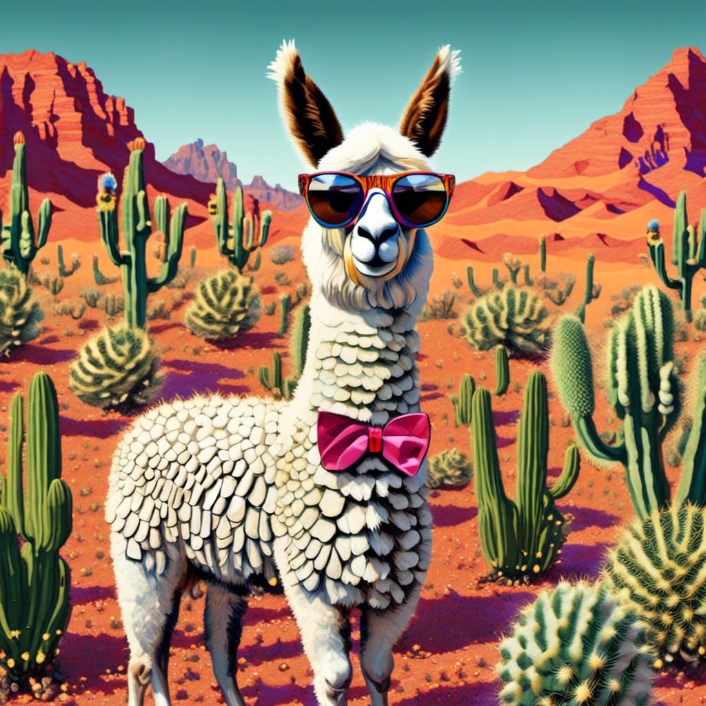 Llama with Glasses in Desert Cubist Collage