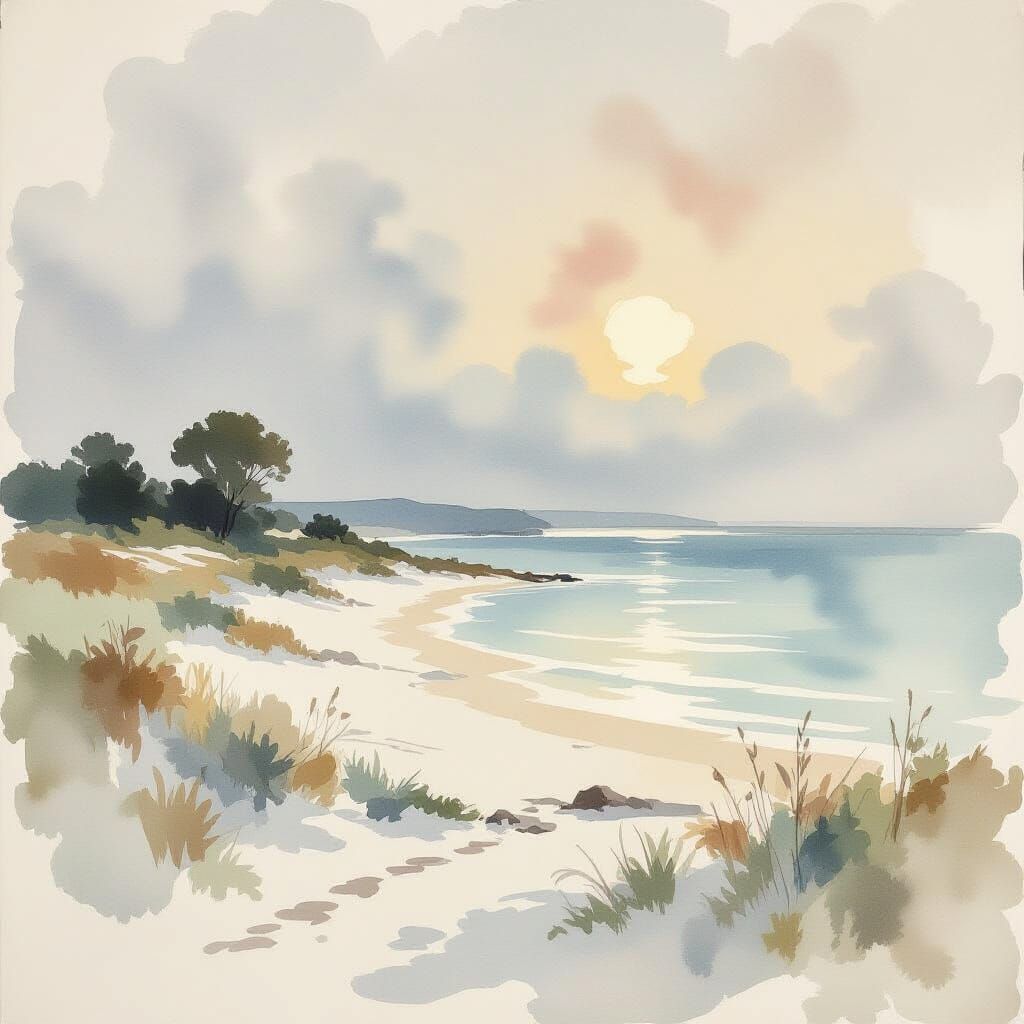 Serene Watercolor Landscape at Sunset