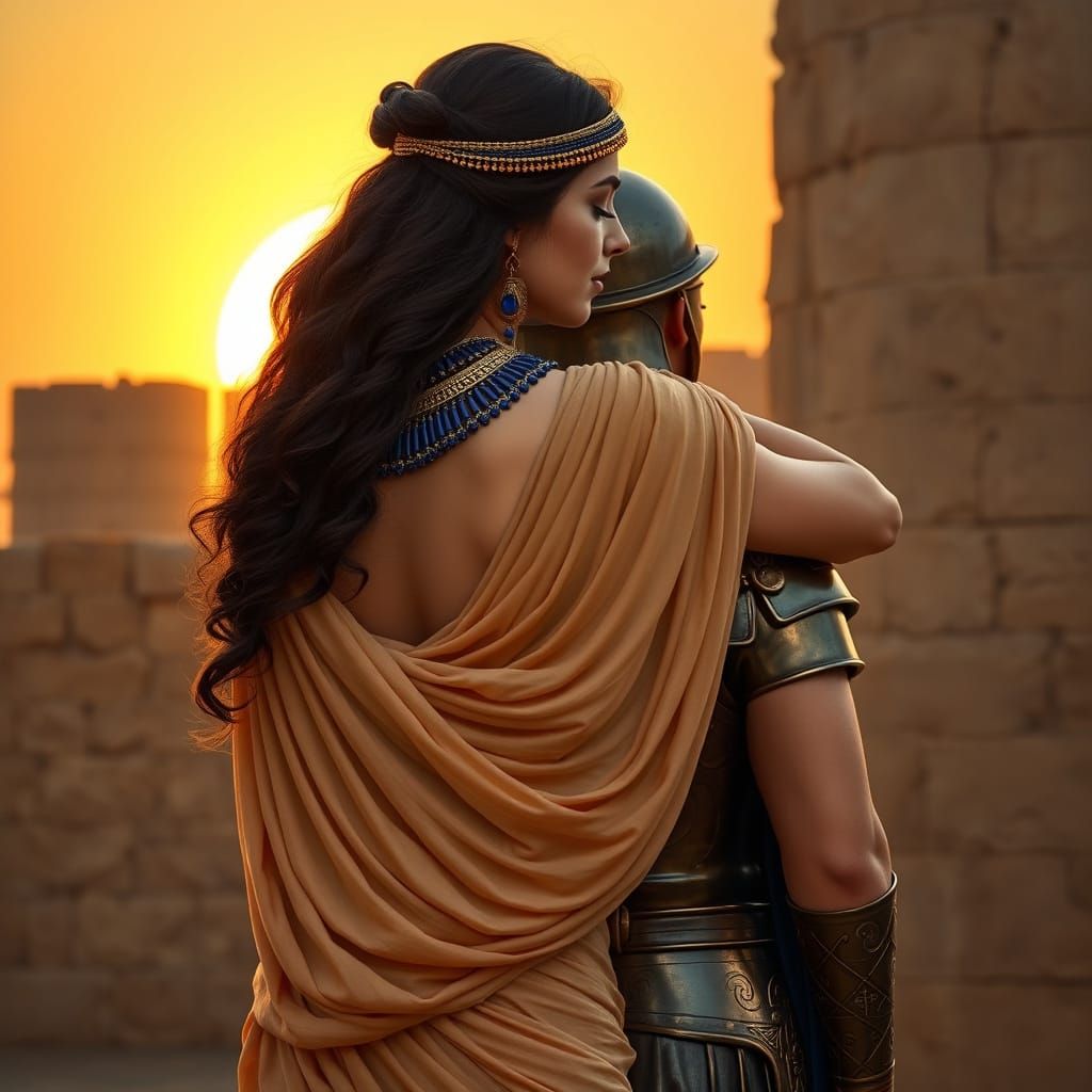Egyptian Queen Embraces Roman Soldier in Golden Sunset