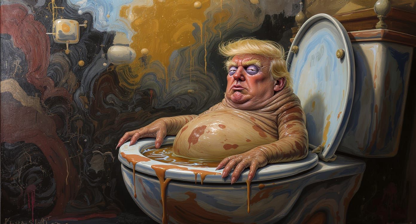 Surreal Painting of a Slug-like Figure in a Toilet