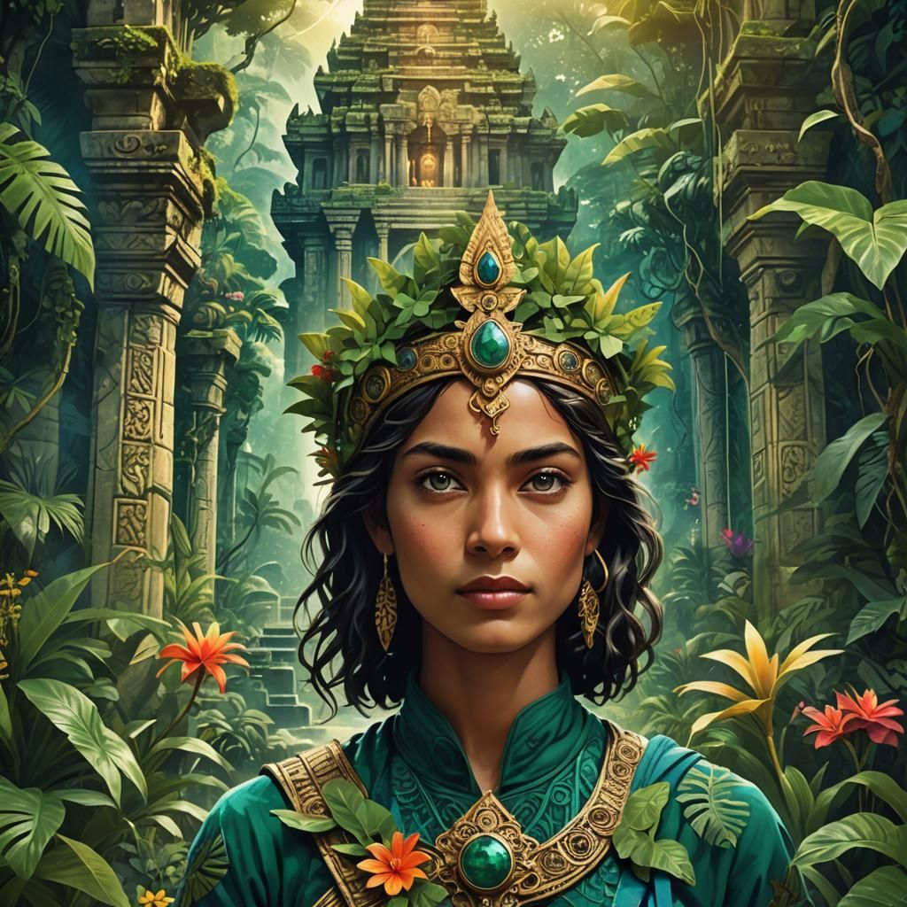 Explorer at Ancient Jungle Temple: Vintage Travel Poster