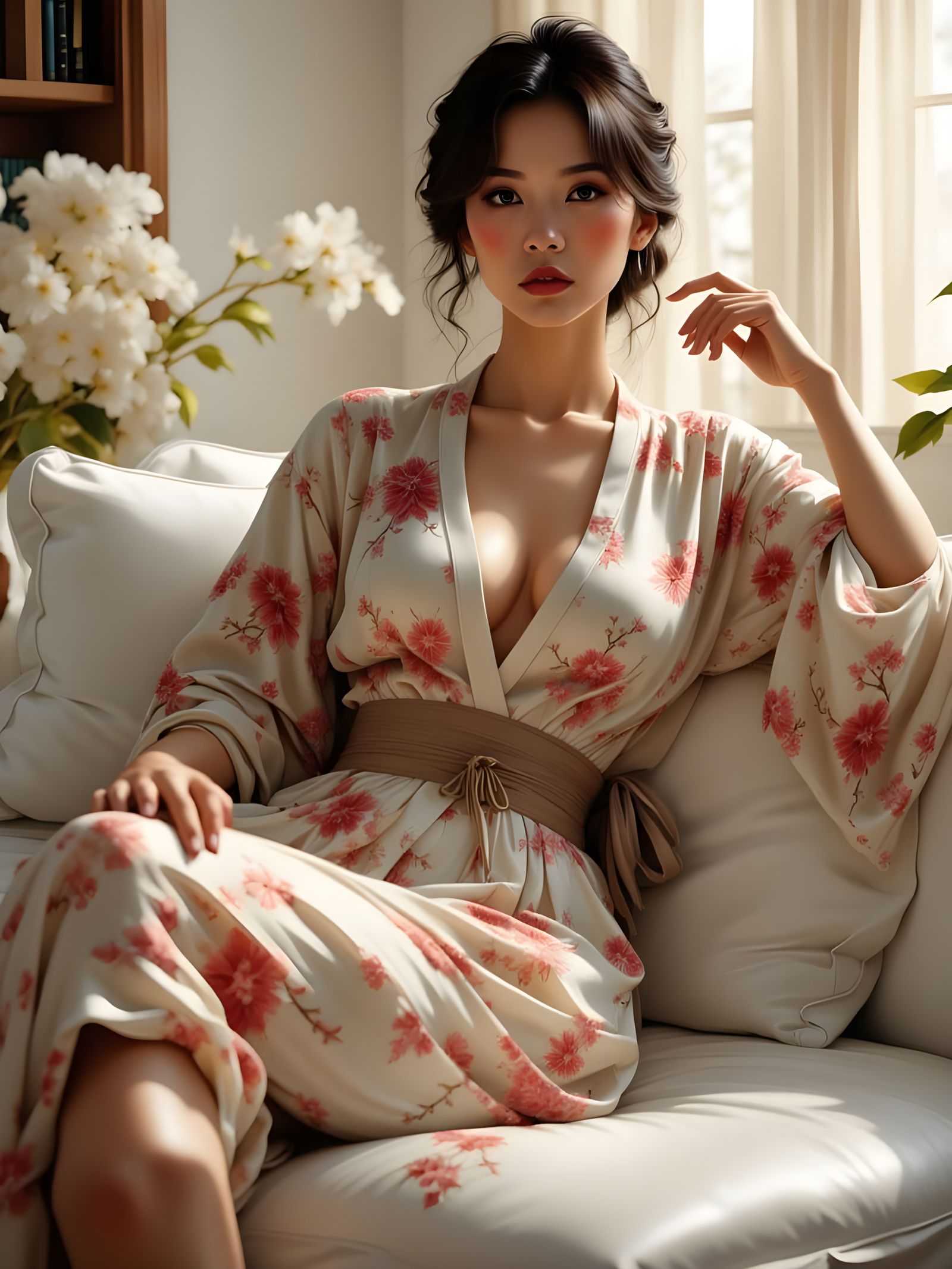 Curvy Woman in Silk Kimono on White Sofa