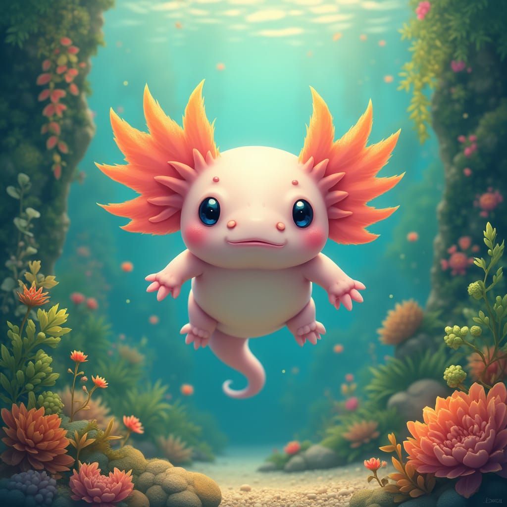 Vibrant Axolotl in Whimsical Miyazaki-Inspired Aquarium