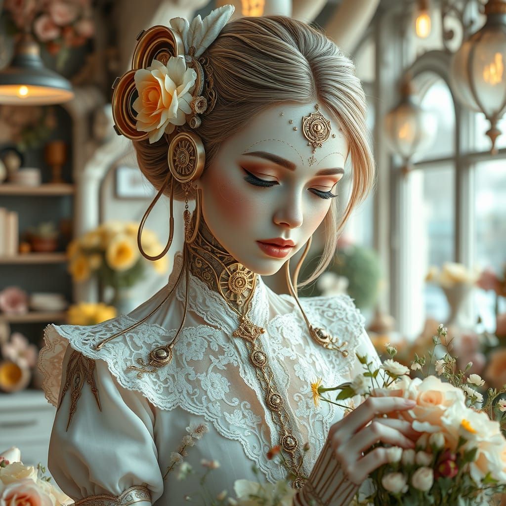Steampunk Cyborg Florist with Delicate Floral Accents