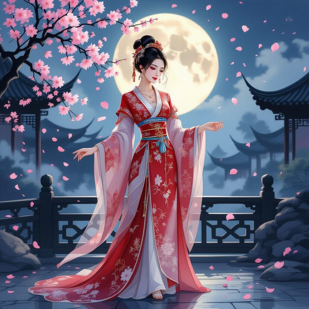 Alluring Woman in Ornate Silk Gown in Moonlit Garden