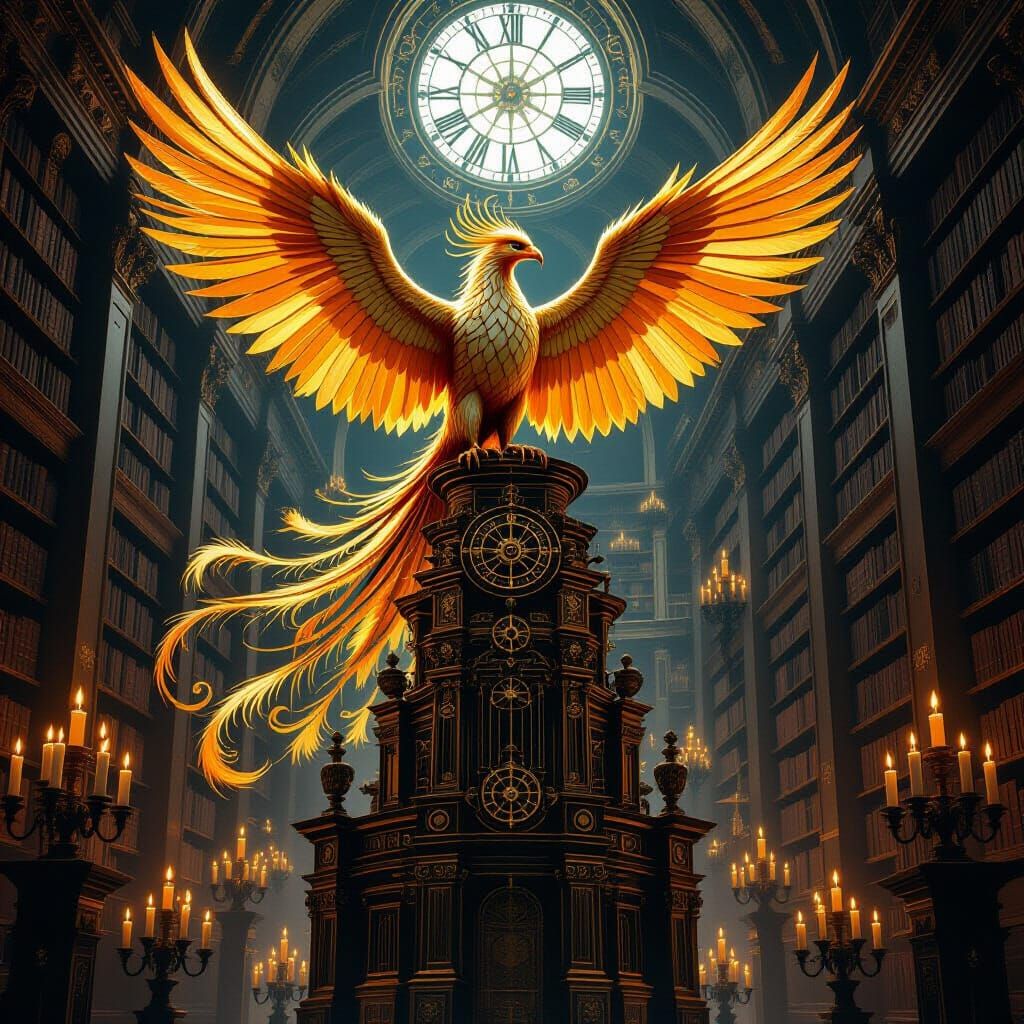 Clockwork Phoenix Atop Ancient Library in Baroque Fantasy St...