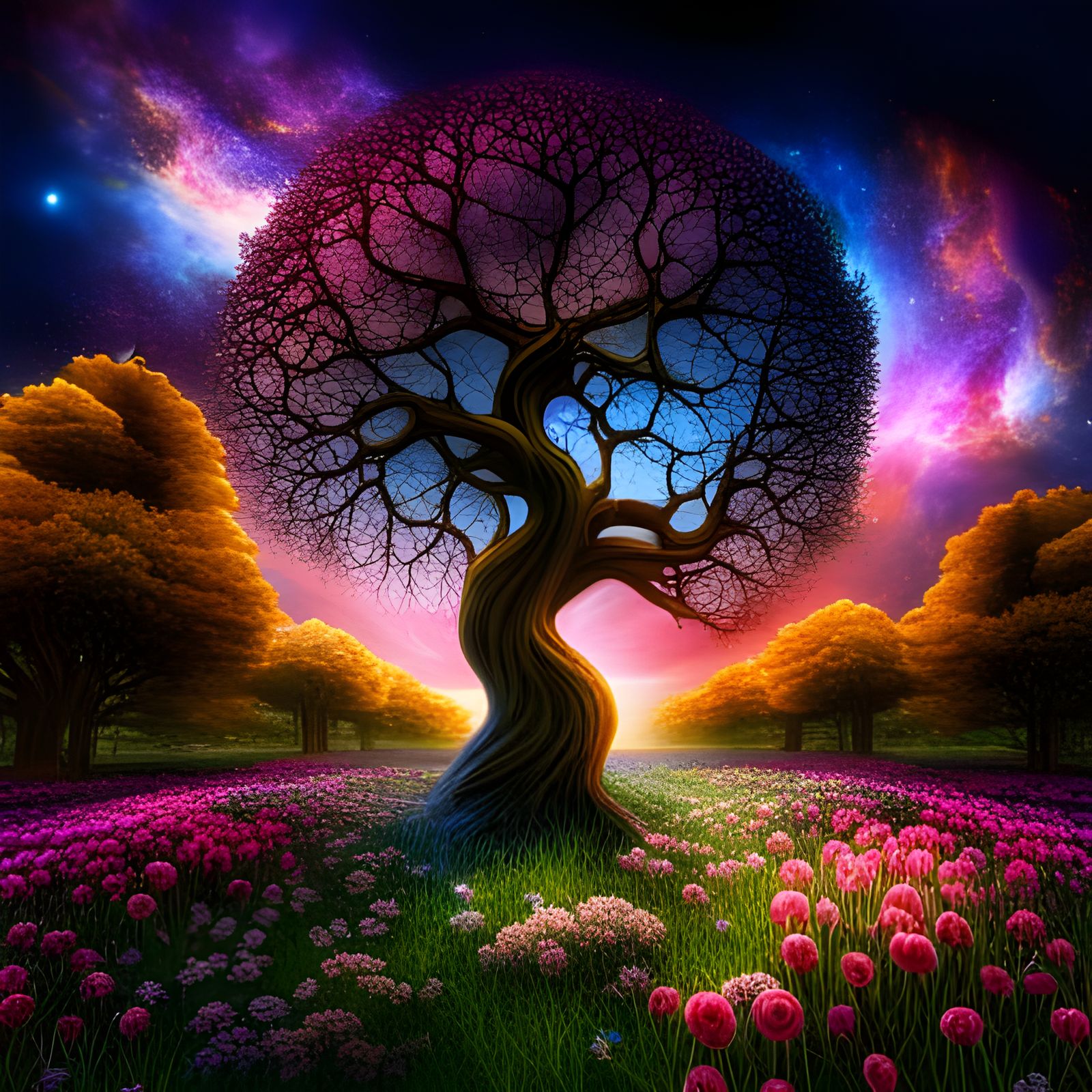 Cosmic Garden: Galactic Tree in a Digital Rendering