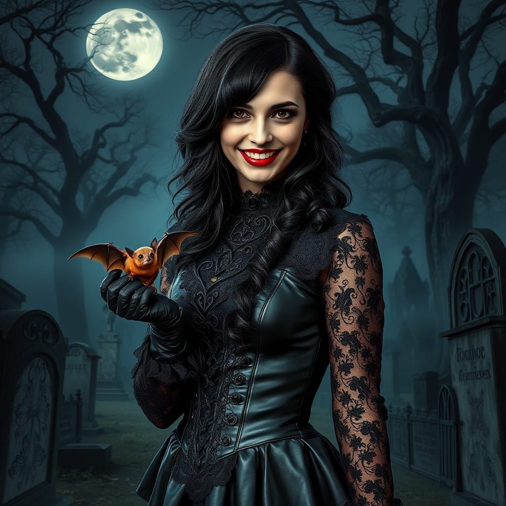 Gothic Woman Feeds Bat in Moonlit Cemetery