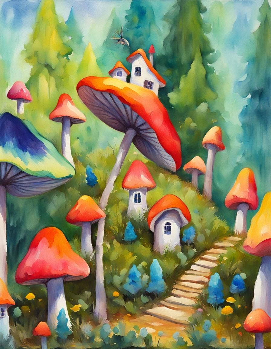 Fairy Houses on Mushrooms in Gouache Watercolor