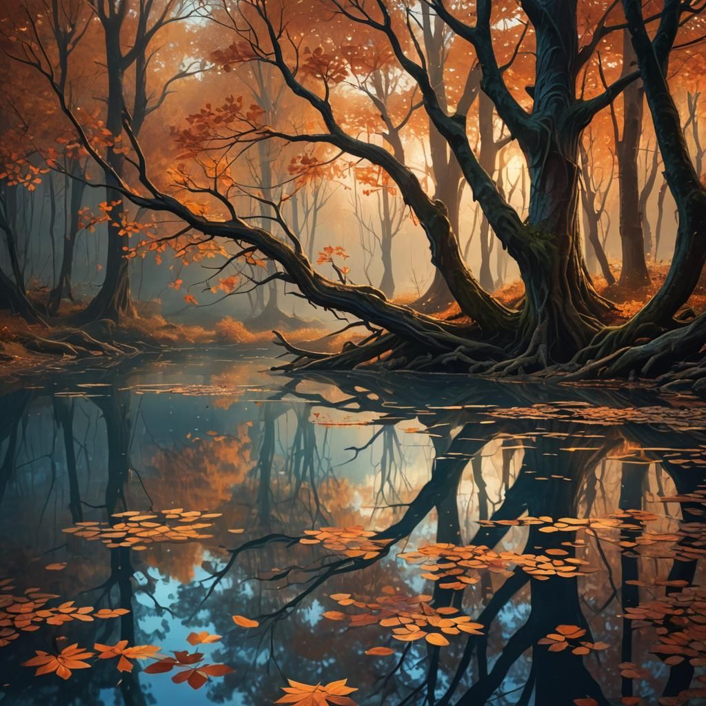 Autumn Forest Lake in Fantasy Digital Painting