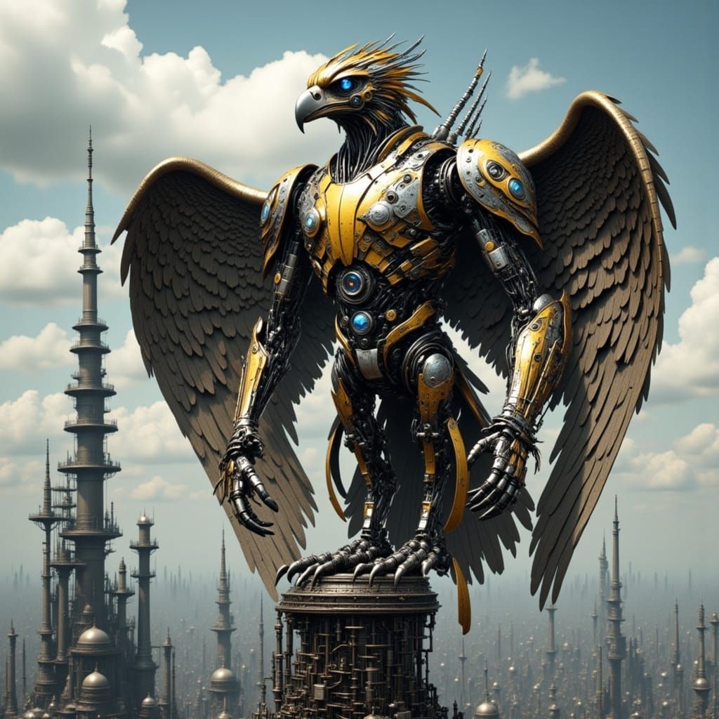 Cyborg Steampunk Eagle Perched on a Smokestack in a Futurist...