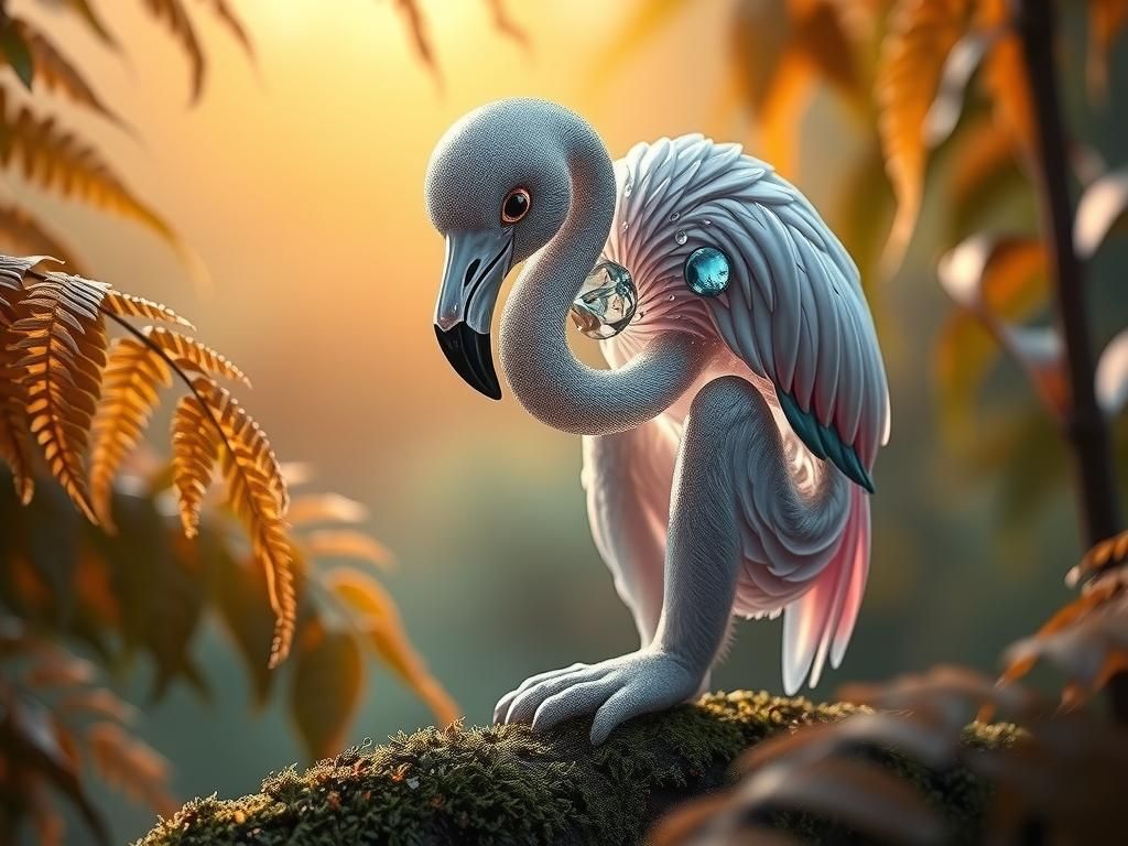 Glass Flamingo Perched on Mossy Branch in Jungle